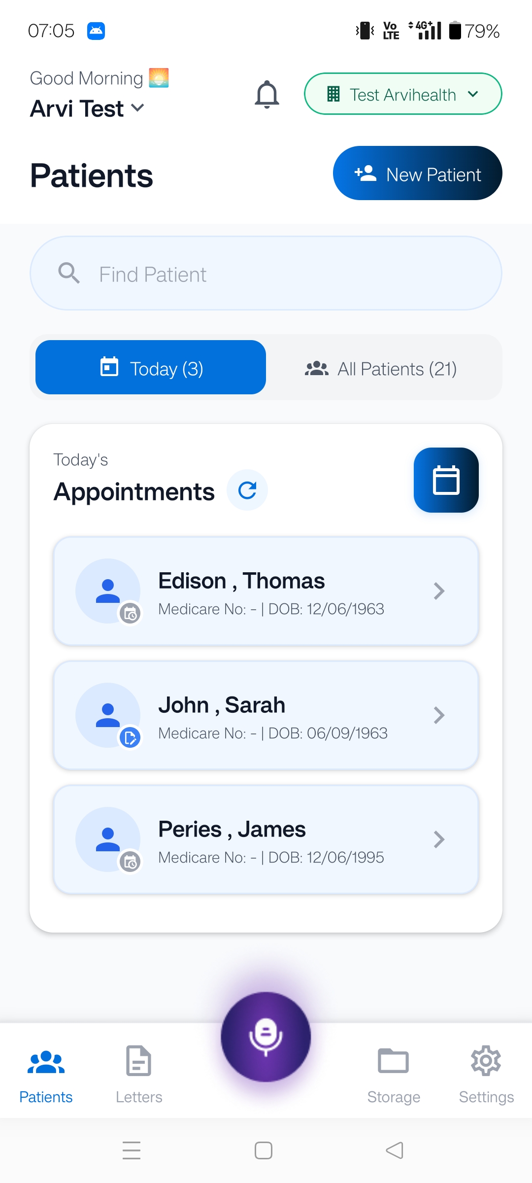 Arvi Health Android app, today's appointments