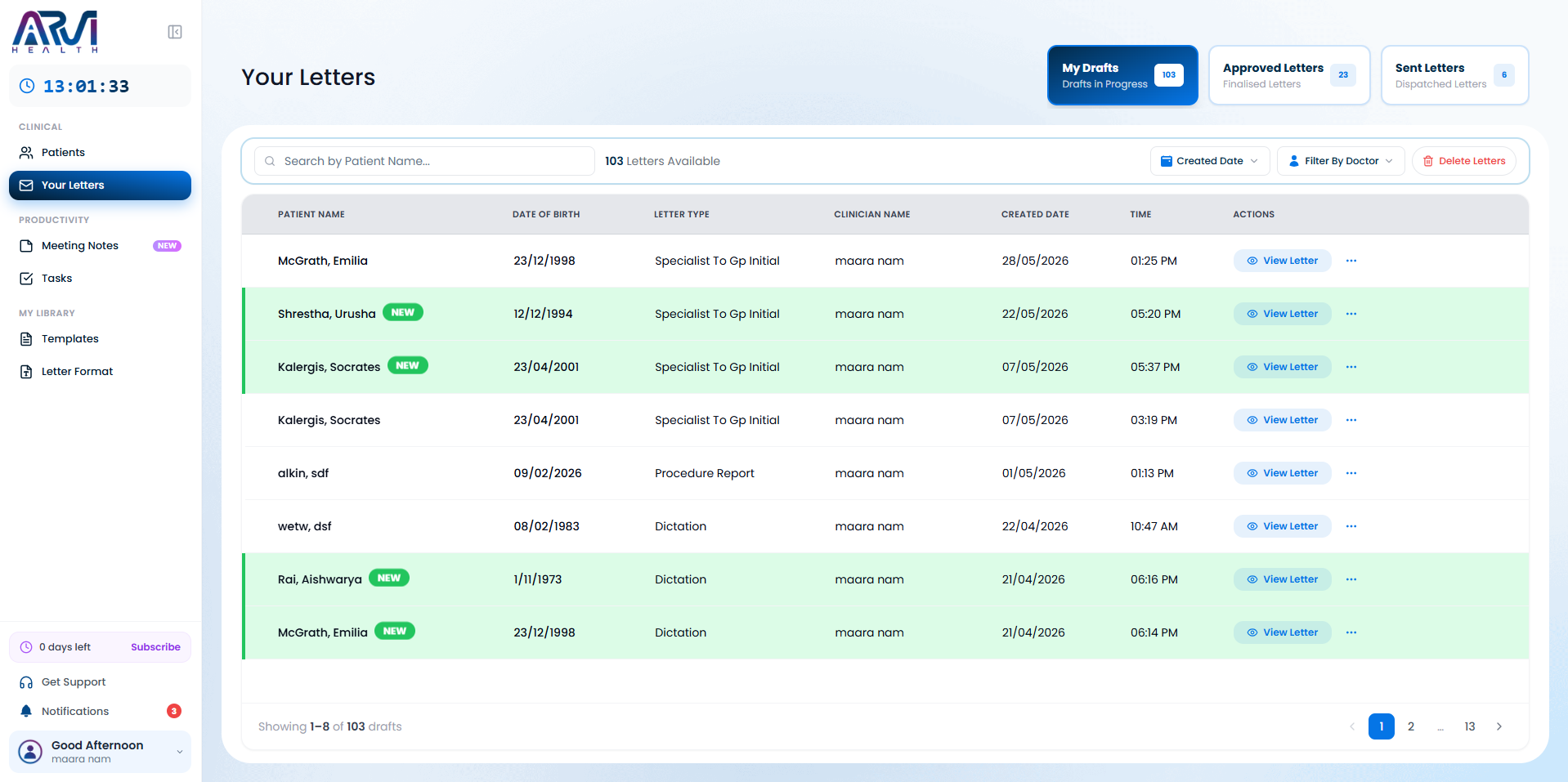 Arvi Health clinical documentation dashboard