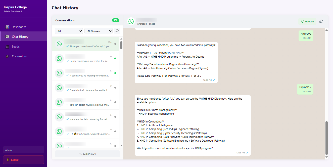 InspireCollege Bot WhatsApp RAG assistant chat history