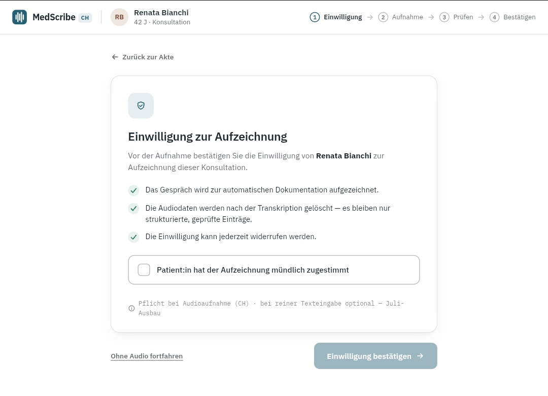 MedScribe CH clinical documentation for Swiss GPs