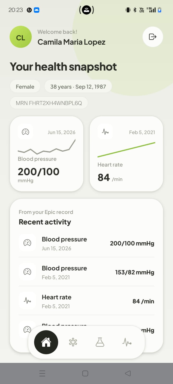 PatientLens Android app, patient health snapshot