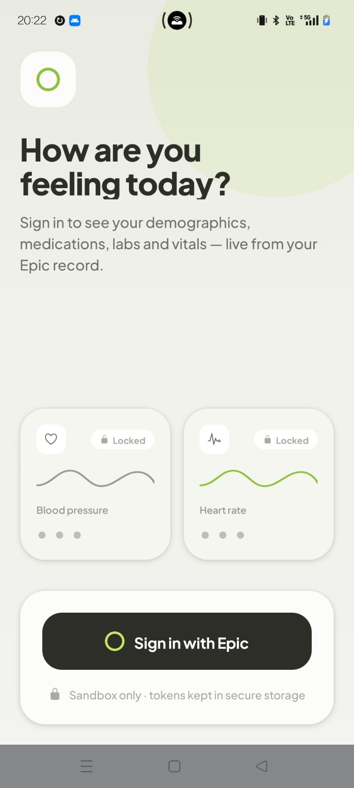 PatientLens Android app, Epic SMART sign-in screen