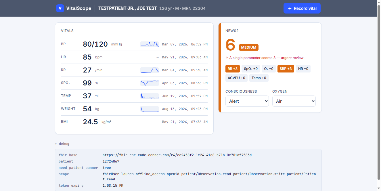 VitalScope NEWS2 early-warning score on the Cerner sandbox